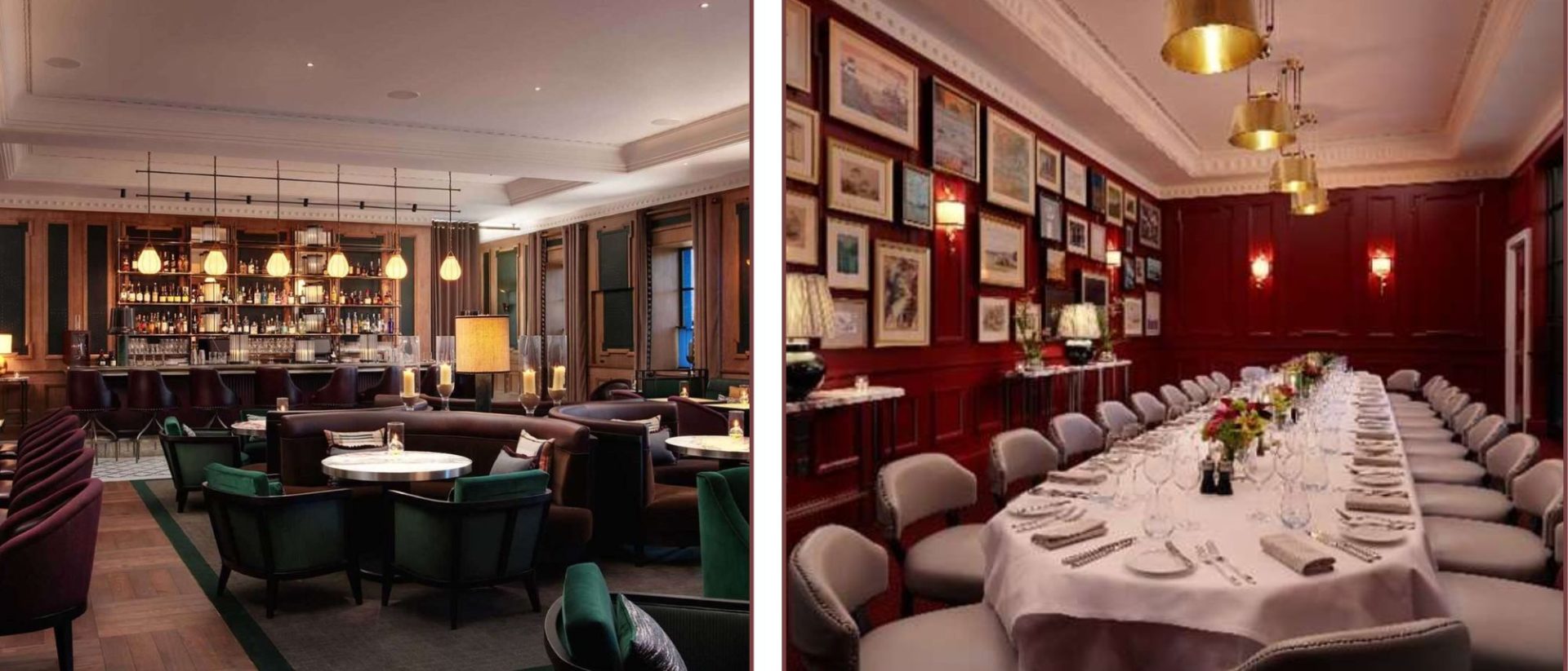 Two pictures of a dining room with tables and chairs.