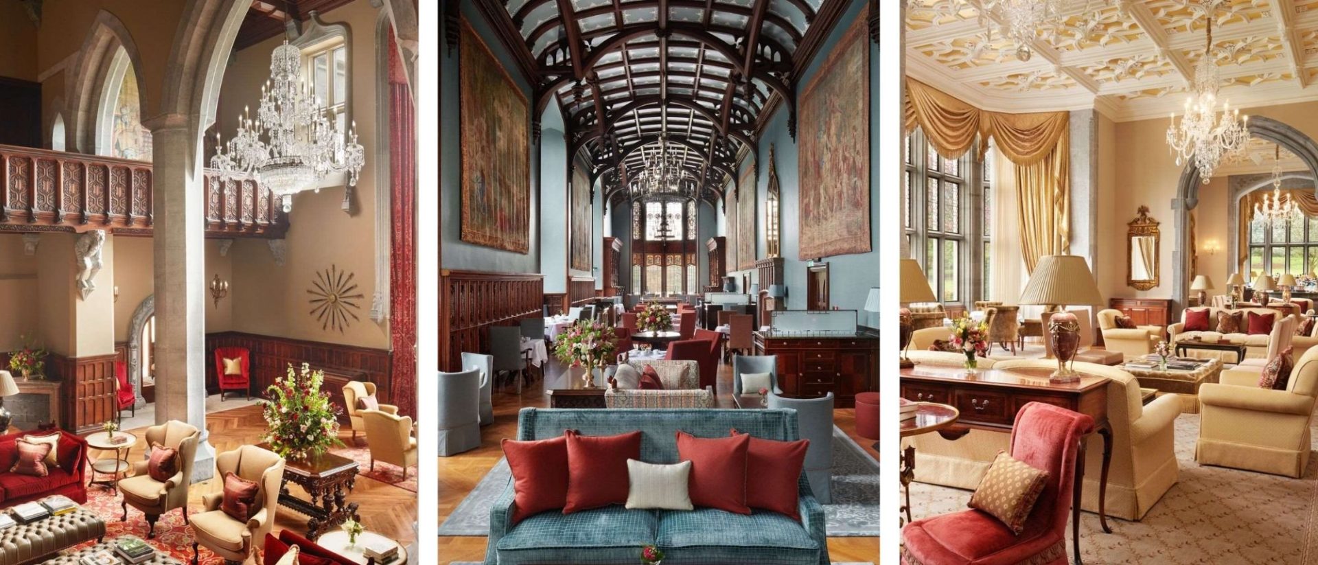 Four pictures of a large living room with couches and chairs.