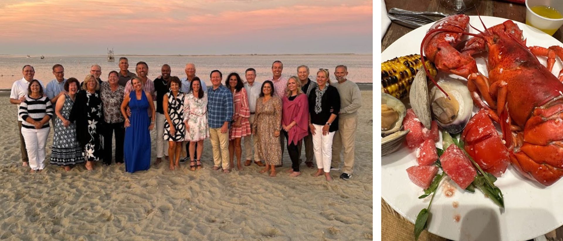 A group of people are posing for a photo with lobsters on the beach.