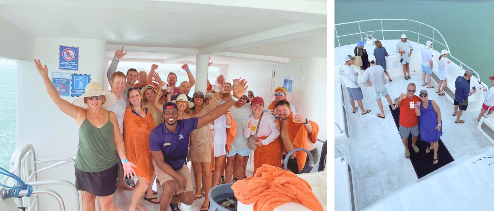 A group of people on a boat waving to the camera.